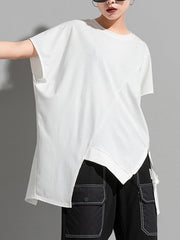 Cap Sleeve Roomy Asymmetric Pure Color Split-Side Zipper Round-Neck T-Shirts Tops