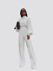 Solid Color High-Neck Long Sleeve Casual Wide-Leg Jumpsuit