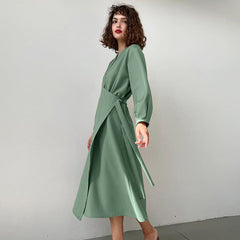 Retro Solid Color Wrapped Midi Dress