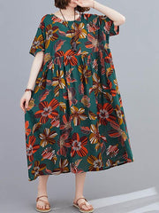 Vintage Floral Round-Neck Short Sleeve Dress