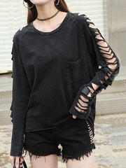 Women Solid Color Tassel Hollow Personality T-Shirt