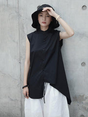 Black Cropped Stand Collar Sleeveless Blouse