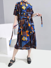 Printed Pleated Short Sleeves Shirt Dress