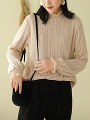 Lace Stand Collar Velvet Long Sleeve T-Shirt