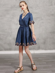 Original Applique V-Neck Denim Dress