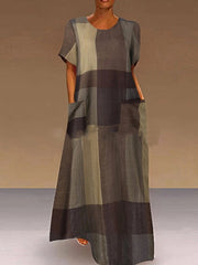 Casual Loose Plaid Round Neck Maxi Dress