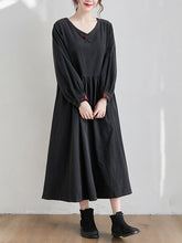 Women Retro Long Sleeve Solid Color V-Neck Dress