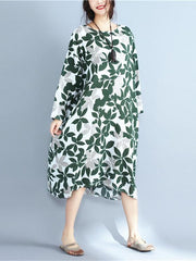 Leaves Print Ramie Cotton Long Dress