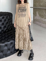 Pleated Asymmetric Round-Neck Letter Print Vest Top + A-Line High Waisted Skirt Two Pieces Set
