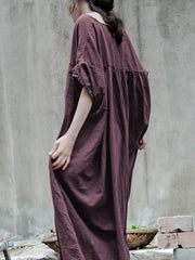 Simple Purple Solid Color Ramie Cotton Long Dress