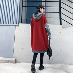 Women Loose Denim Stitching Hooded Midi Dress