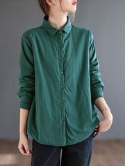 Retro Solid Color Lapel Collar Cotton Shirt