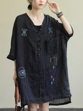 Loose Literary Buttons V-Neck Embroidered Pinstripe Dress