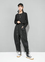 Black Solid Zipper Harem Pants