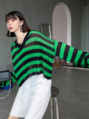 Stripe Clash V-Neck Short Long Sleeve Top