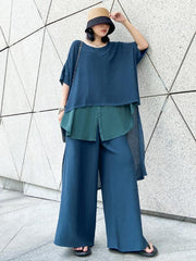 Two-Piece Pleats T-Shirts Wide Leg Pants Suits