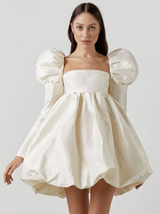Puff Sleeve Imitation Silk Mini Dress