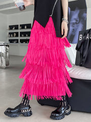 H-Line Roomy Elasticity Pleated Pure Color Tasseled Skirts