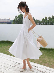 Solid Color Sleeveless A-Line V-Neck Dress