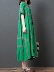 Loose Plaid Splicing Round Neck Dress