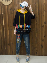 Loose Lettered Print Contrast Color Nine-Point Sleeve Hoodie