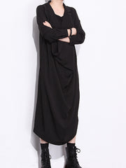 Women Solid Color Dark Black Tie Pile Collar Casual Dress