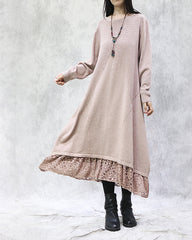 Loose Lace Splicing Solid Midi Dress