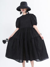 Vintage Puff Sleeve Textured Solid Midi Dress