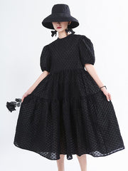 Vintage Puff Sleeve Textured Solid Midi Dress