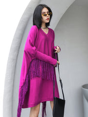 V-Neck Stitching Long Sleeve Knitted Dress