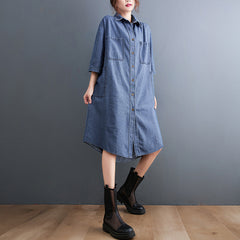 Denim Loose Solid Color Shirt Midi Dress