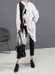 Loose Printed Lapel Mid-Length Shirt