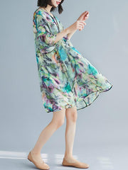Two-Pieces Loose Floral Round Neck Dress And Suspender Suit