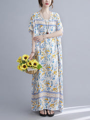 Loose V-Neck Bohemian Print Casual Dress