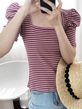 Loose Striped Big Puff Sleeve Retro T-Shirts