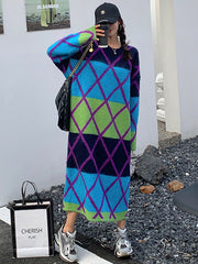 Casual Roomy Long Sleeves Contrast Color Round-Neck Sweater Dresses