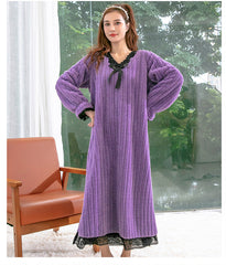 Casual Loose Solid Color V-Neck Coral Fleece Midi Pajamas Dress