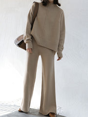 Women High Neck Loose Sweater Wide Leg Pants Suit