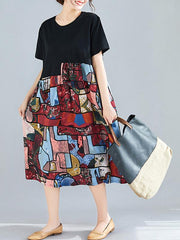 Loose Ramie Cotton Split-joint Floral Printed Midi Dress