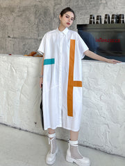 Street Style Contrast Color Short Sleeves Blouse Dress