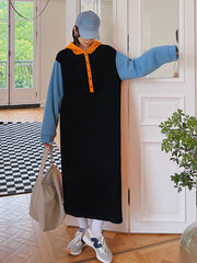 Loose Plus Size Contrast Color Hooded Midi Dress