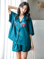 Two-Pieces Comfortable Ice Silk Loose Strawberry Print Pyjamas Suit