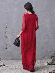 Two Pieces Silk Red Cropped Long Dress
