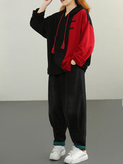 Retro Long Sleeve Drawstring Color Block Sweatshirt