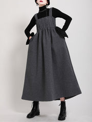 Women Pleated Loose Solid Color Casual Dress
