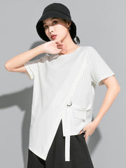 Fashion Striped Split-Joint Cropped T-Shirts Tops