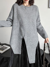 Asymmetric Pure Color Zipper High-low Long Sleeves Round-neck Sweater Tops Pullovers