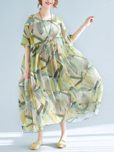 Light Green Loose Chiffon Printed Long Dress+Jumper skirt