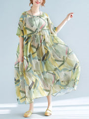 Light Green Loose Chiffon Printed Long Dress+Jumper skirt