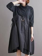 Stitched Pleated Bandge High-Neck Dress